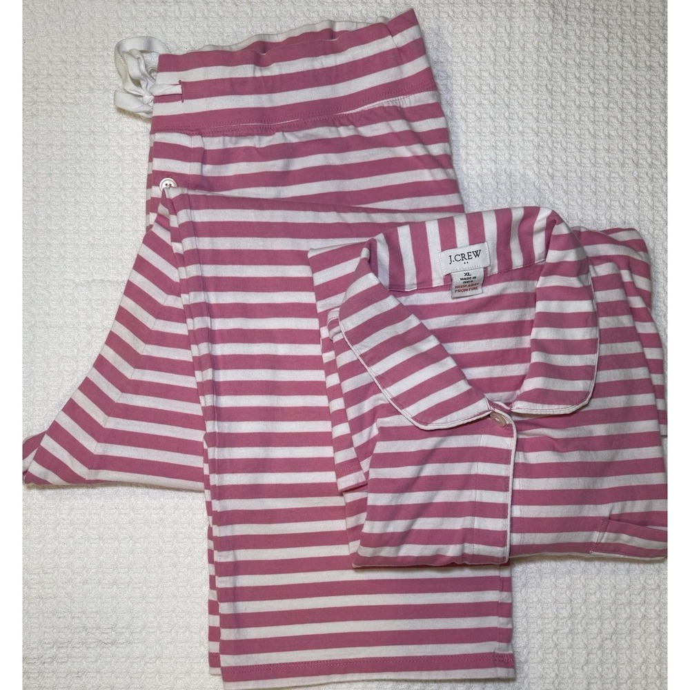 J.Crew XL Pink White Striped Pajama Set Cotton Knit Button Top Lounge Sleepwear